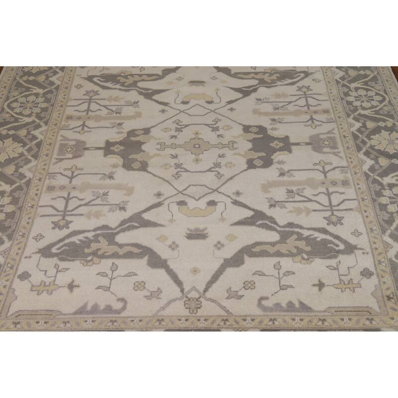 Floral Ivory Oushak Indian Area Rug Hand-Knotted Wool Carpet - 8'3" x 9'8"