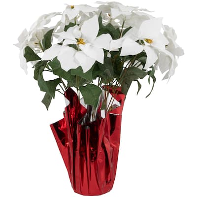 22" White Artificial Christmas Poinsettia Flowers Red Wrapped Base