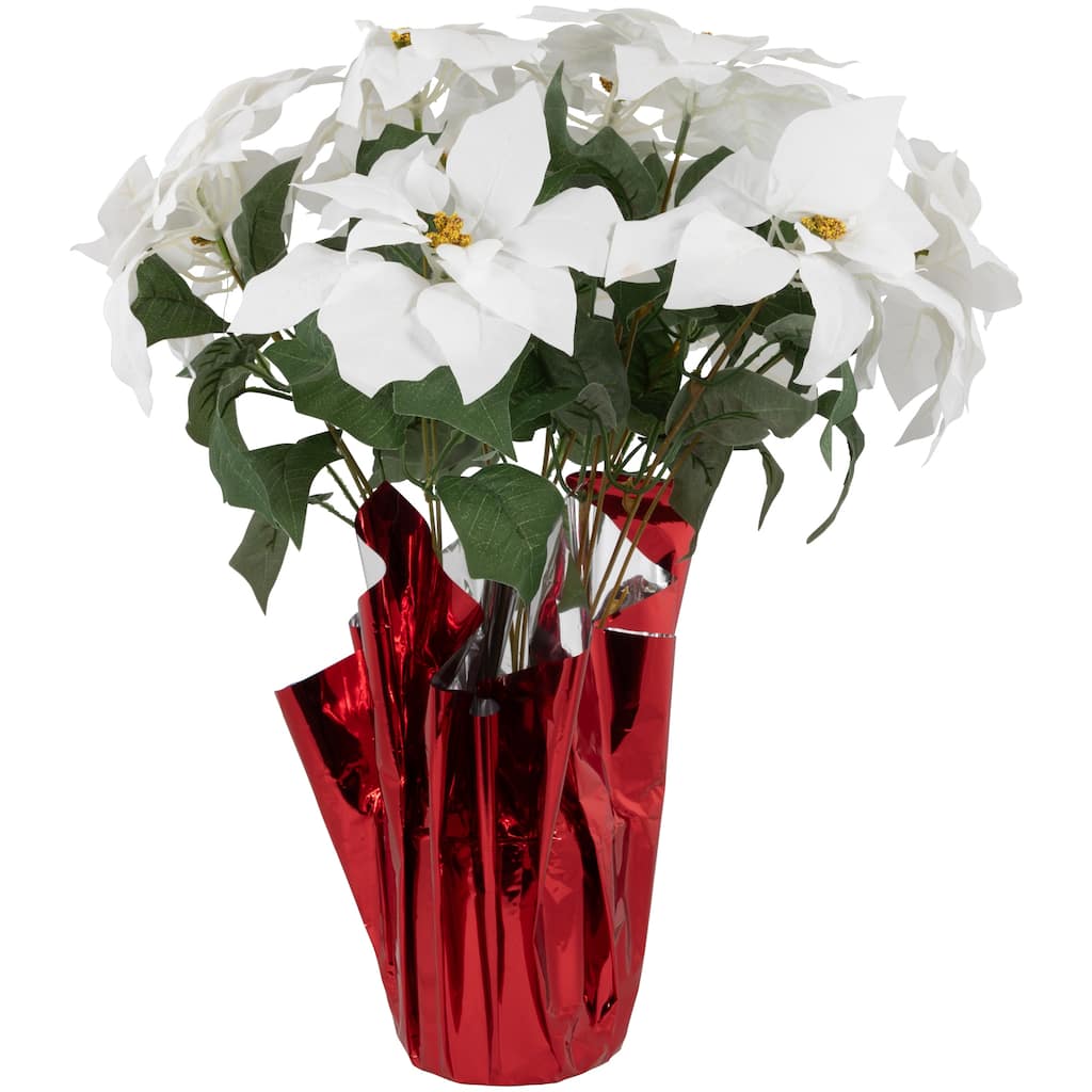 22" White Artificial Christmas Poinsettia Flowers Red Wrapped Base