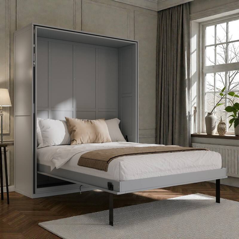 Rotating Queen Murphy Bed with Storage Shelves, 360 Degree Space Saving Wall Bed for Home Office