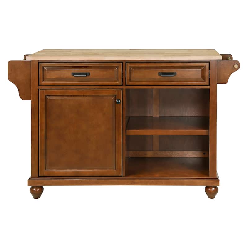 Natural Wood Topped Kitchen Island with Storage, Mobile Kitchen Cart