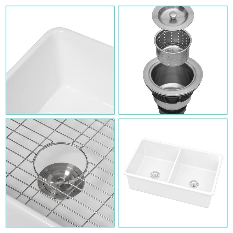 32" Undermount Double Bowl Ceramic Kitchen Sink in White - 32'' x 19'' x 10''