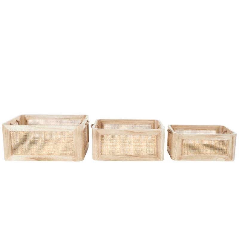 Light Brown Wood Storage Basket with Rope Handles (Set of 3)