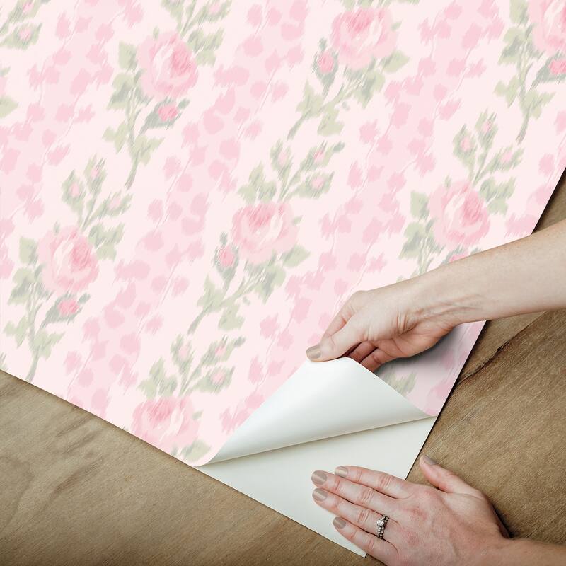 LoveShackFancy NuWallpaper Blooming Heirloom Strawberry Macaron Rose Stripe Peel and Stick Wallpaper