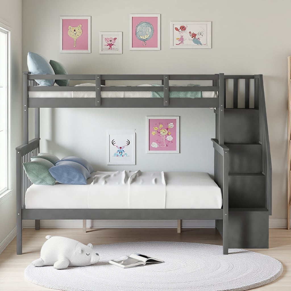 Twin over Full Wood Bunk Bed with Stairway, Storage and Guardrail