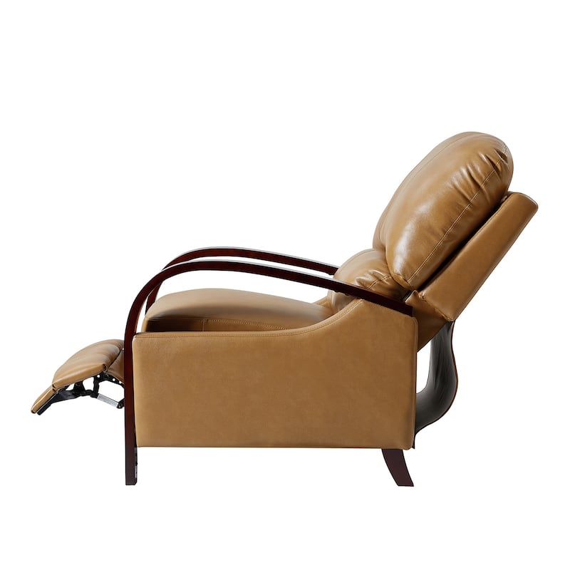 Alex Mid-century Modern Genuine Leather Manual Recliner with Wooden Curved Arms