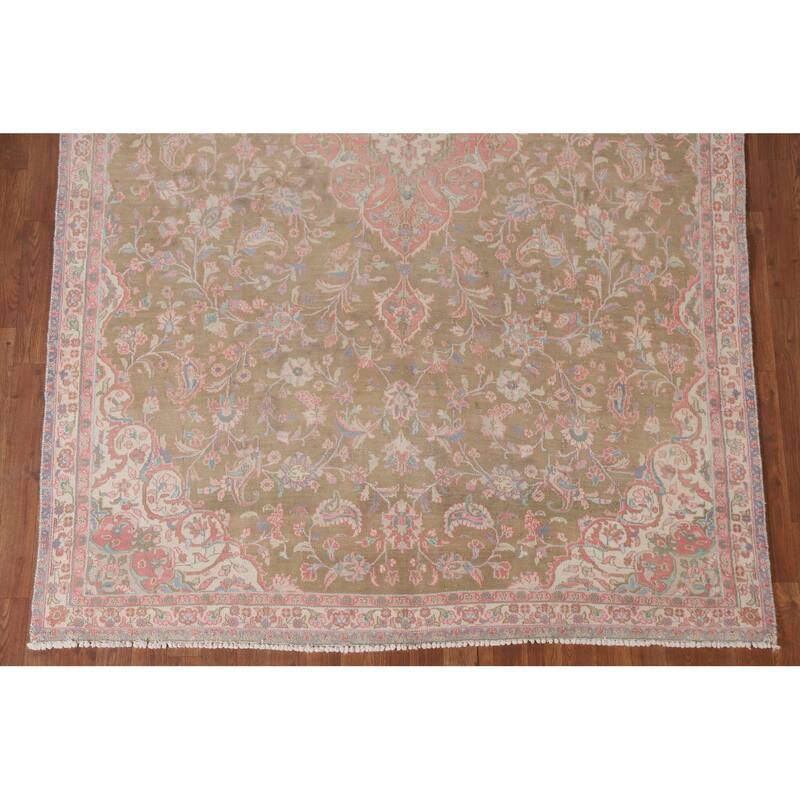 Hand Knotted Oriental 100% Wool Carpet Traditional Floral Green Mashad Area Rug - 9' 7'' X 6' 0''