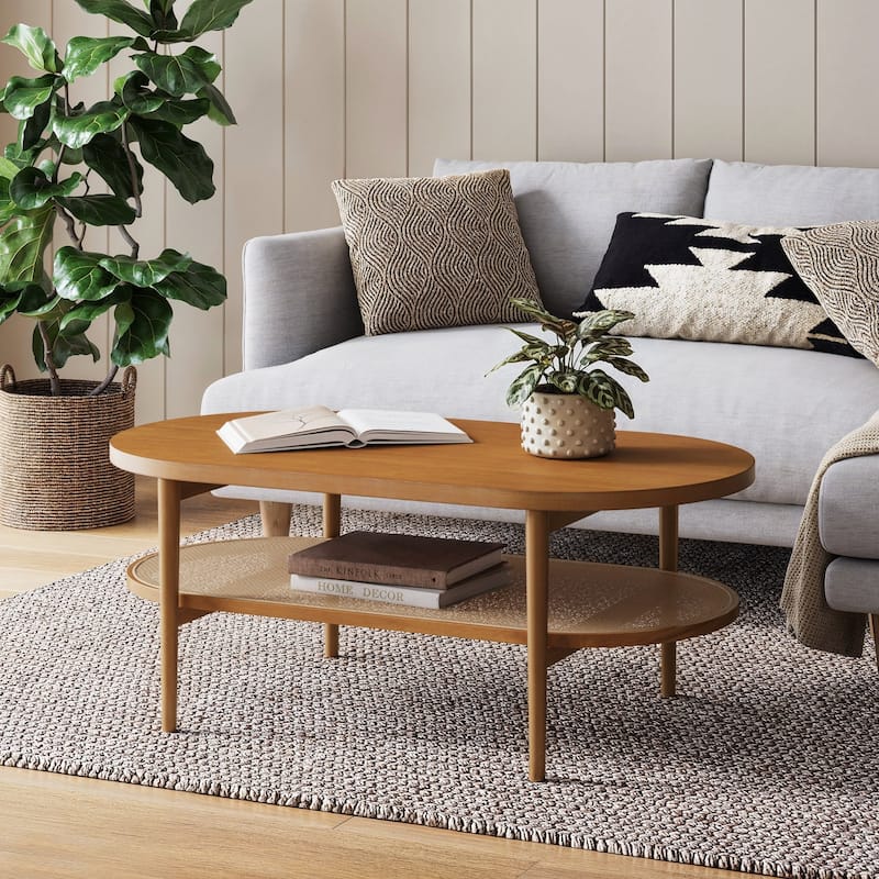 Nathan James Sonia Bohemian 2-Tier Oval Cane Coffee Table in Light Wood With Rattan Storage Shelf - Honey Brown