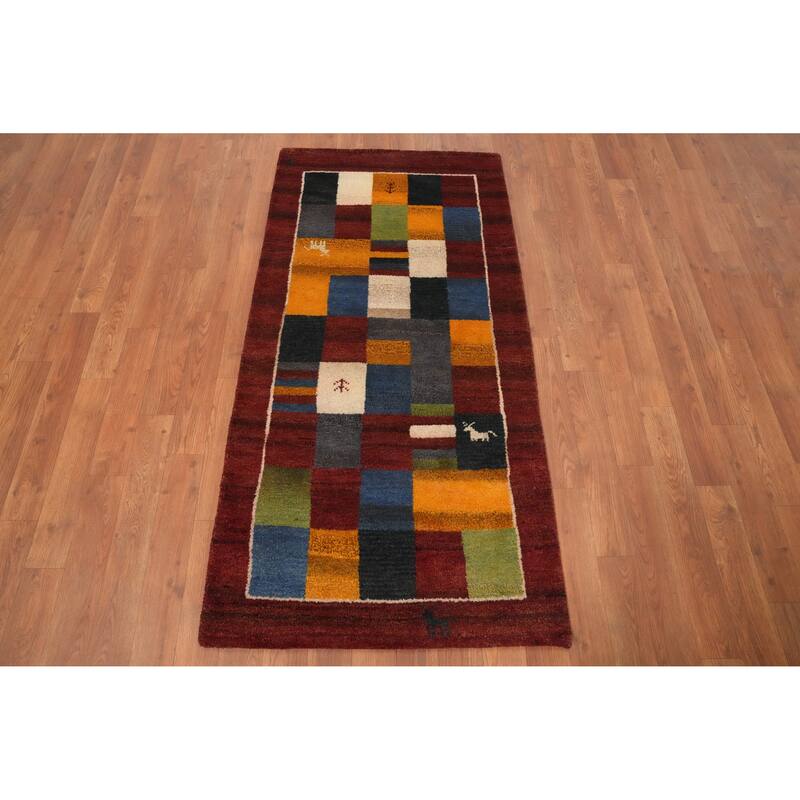 Hand Knotted Oriental 100% Wool Carpet Modern Checkered Multi-Colored Gabbeh Runner Rug - 4' 8'' X 2' 4''