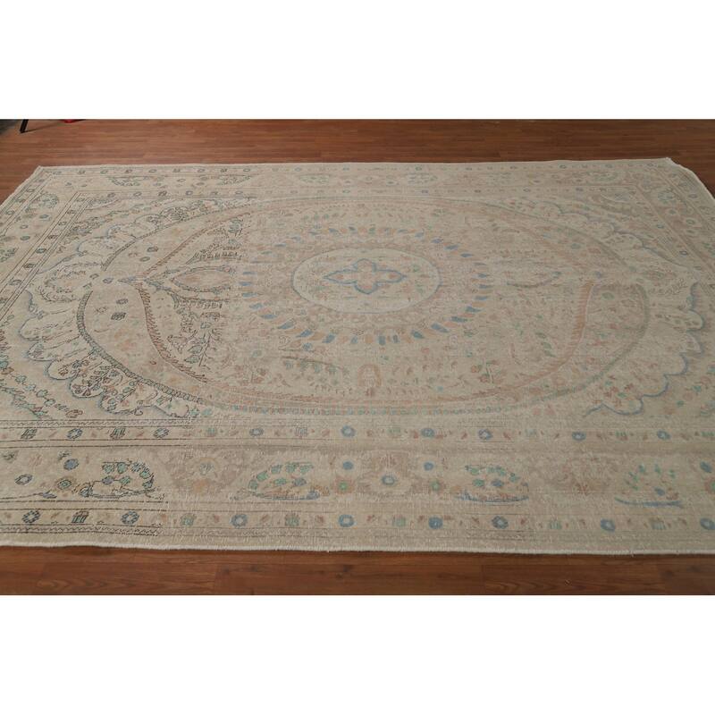 Floral Tabriz Persian Area Rug Beige Handmade Wool Carpet - 7'9"x 11'1"