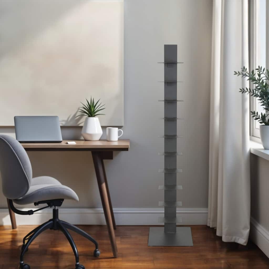 HomeRoots 60" Dark Gray Metal Ten Shelf Modern Tower Bookcase - 13.78" W x 59.85" H x 13.78" D