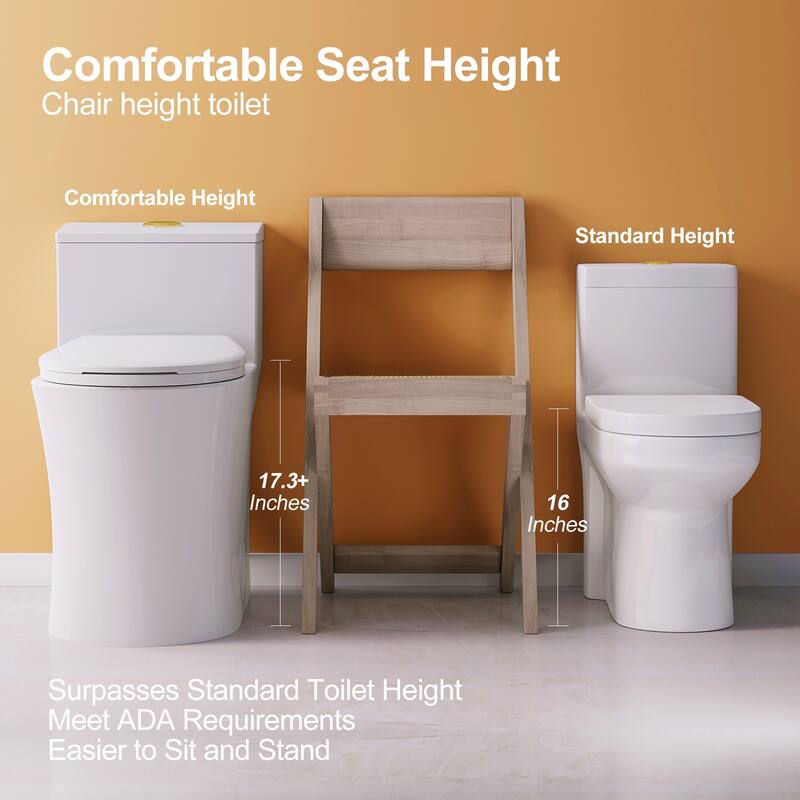 HOROW One-Piece 0.8/1.28 GPF Dual Flush Elongated Toilet in White Seat Included and Brushed Gold Button - 12'' rough in