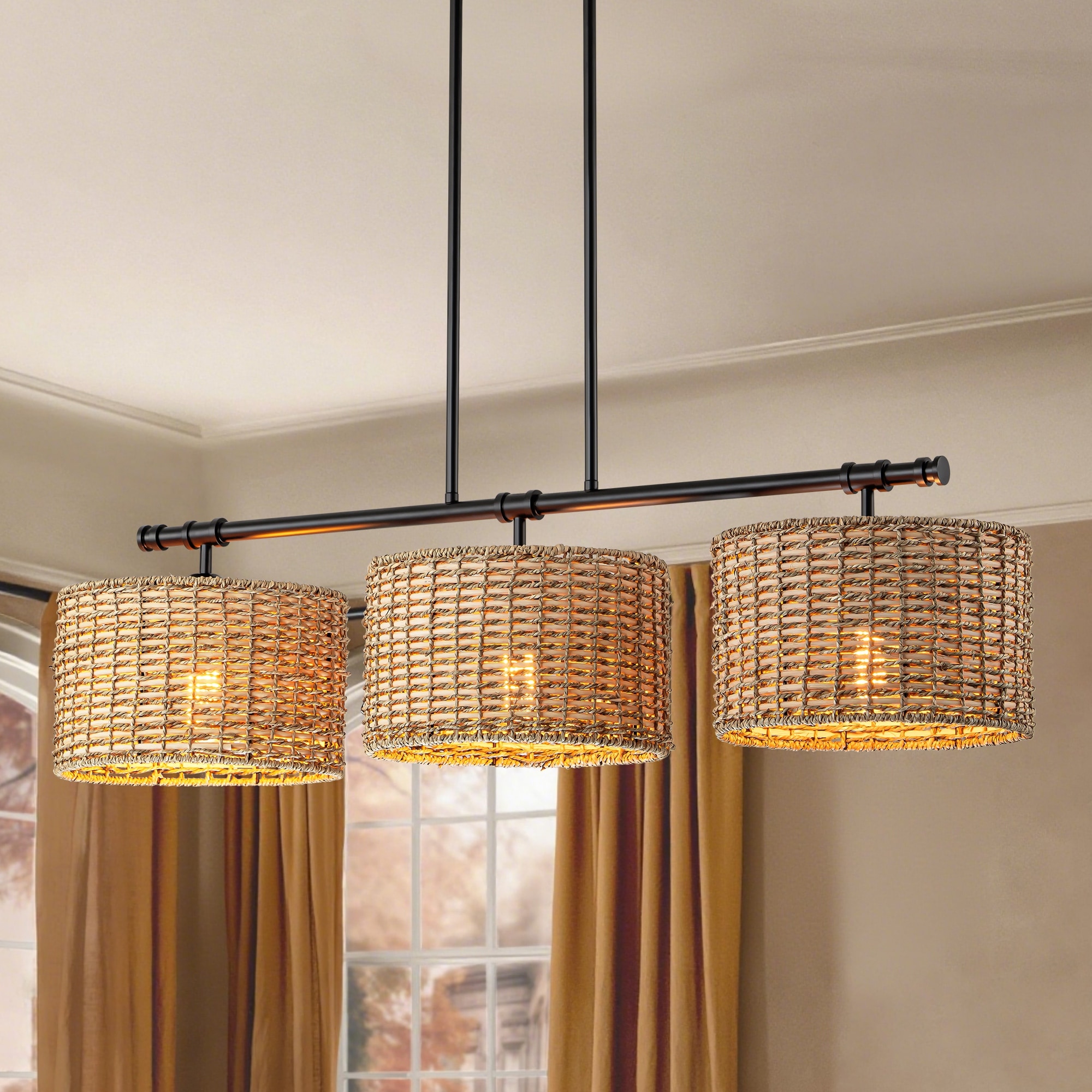 Rennnsan 3-Light Modern Farmhouse Black Drum Handwoven Rattan Pendant Light for Kitchen Island/Dining Room