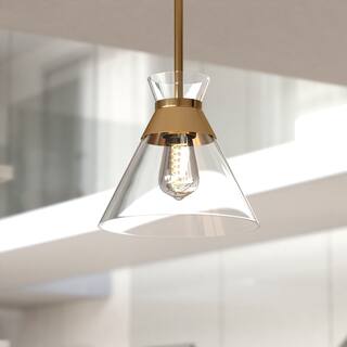 Harper 1L Gold Brass Mid-Century Modern Pendant Light Clear Glass - 8.5-in W x 19.25-in H x 8.5-in D