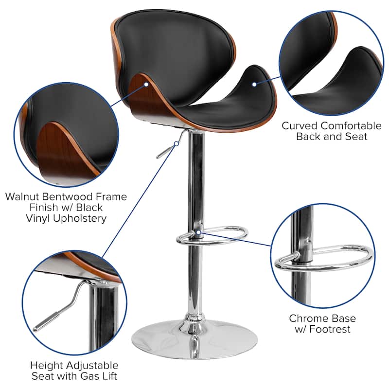 Bentwood Adjustable Height Barstool with Curved Back and Vinyl Seat - 21"W x 20"D x 37" - 45.5"H - 21"W x 20"D x 37" - 45.5"H