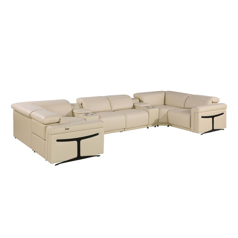 HomeRoots Beige Italian Leather Power Reclining U Shaped Eight Piece Corner Sectional With Console
