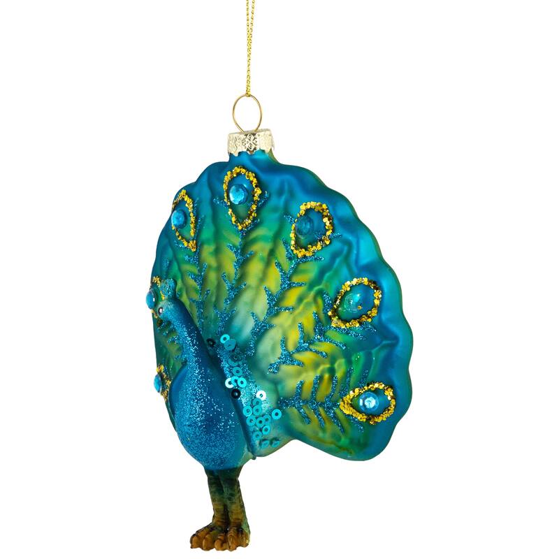 Standing Glittered Peacock Glass Christmas Ornament - 4.5" - Blue and Green