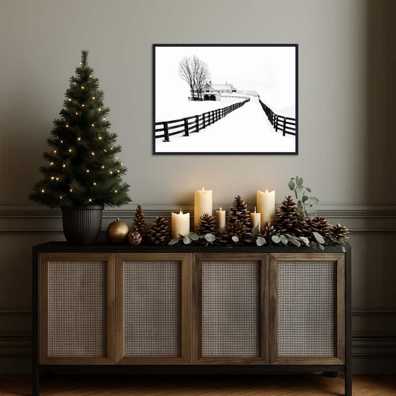 Winter Horse Barn by Jasmine (30 x 23 in.), Framed Canvas Wall Art Print - Sylvie Beaded Black
