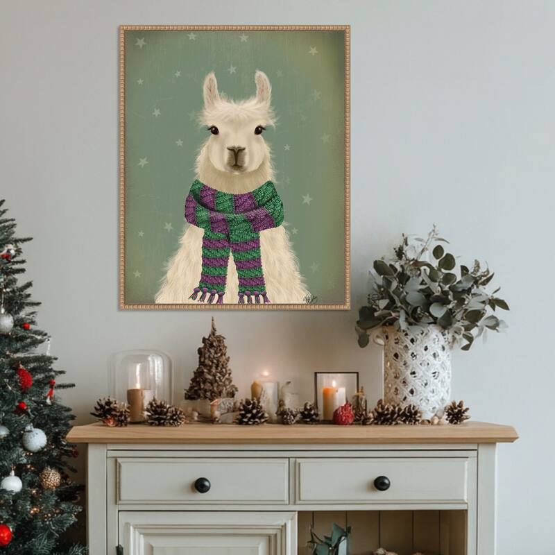 Llama with Purple Scarf, Portrait by Fab Funky (23 x 28 in.), Framed Canvas Wall Art Print - Sylvie Beaded Rustic Natural