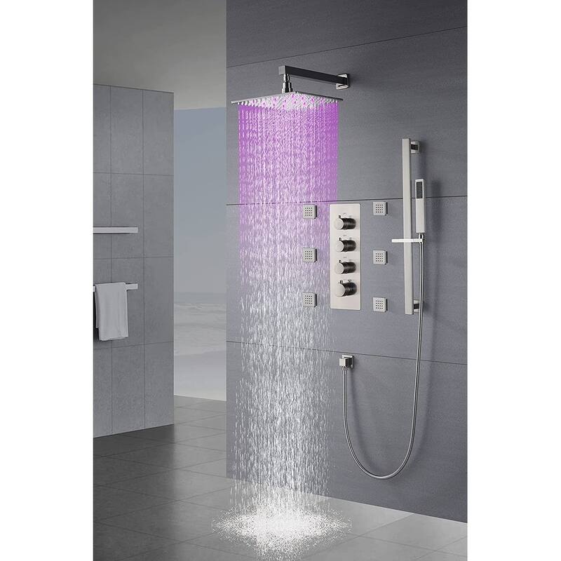 16" LED Wall Mount Rainfall 3 Way Thermostatic Shower System with Slide Bar, 6 Jets