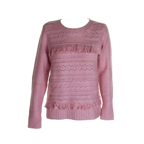 Kensie Cameo Pink Fringe-Trim Crew Neck Sweater L