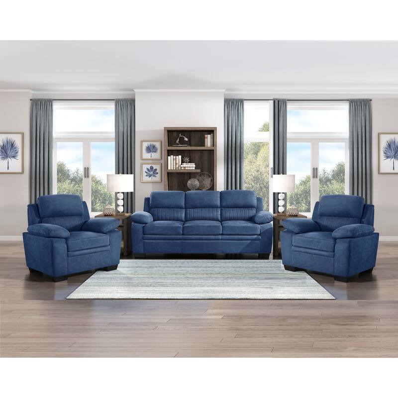 Blue Textured Fabric Plush Seating Chair with Solid Wood Frame