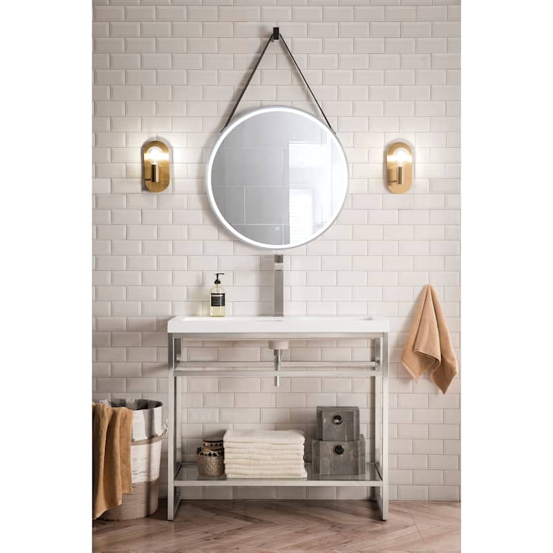 Boston 39.5" Stainless Steel Sink Console w/ White Glossy Composite Countertop