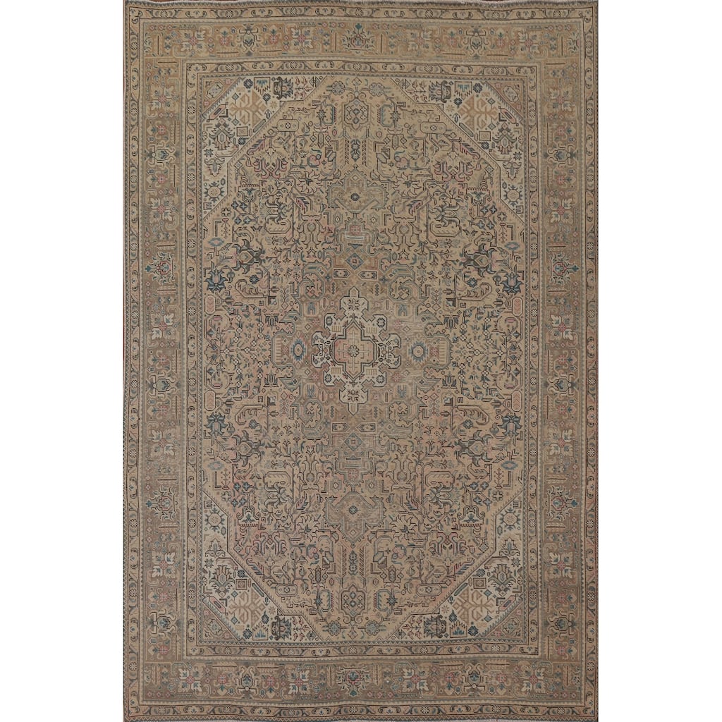 Geometric Tabriz Distressed Persian Vintage Rug Handmade Wool Carpet - 7'10" x 10'9"