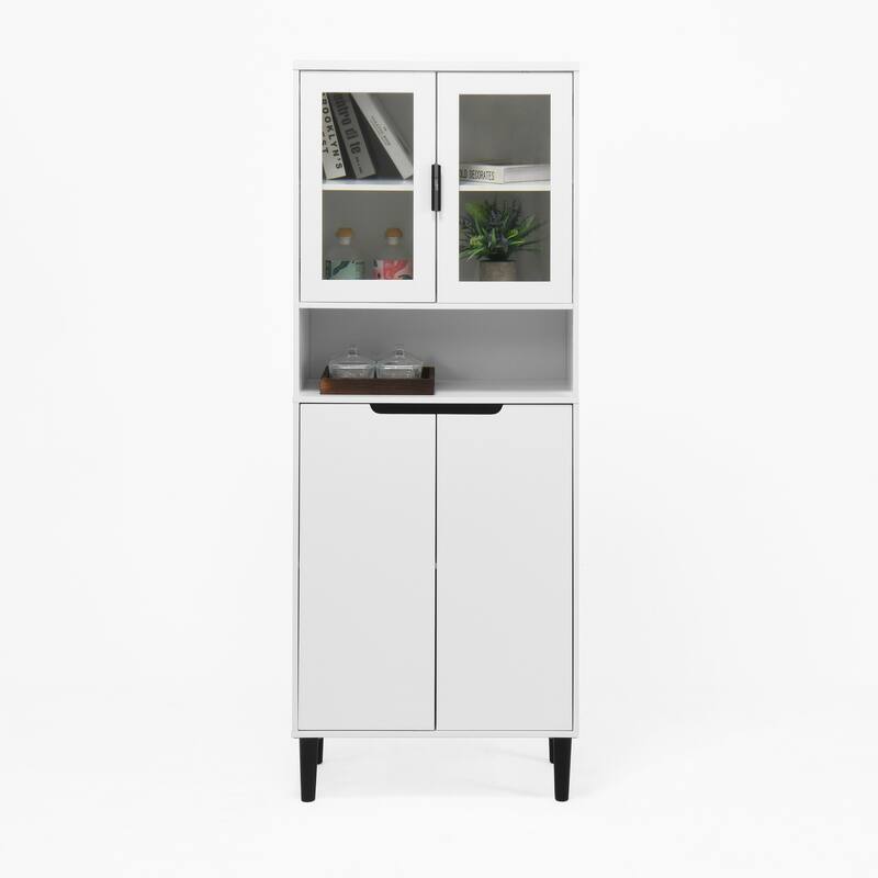 Tall Storage Show Cabinet with 2 Glass Display Door & 2 Doors - White