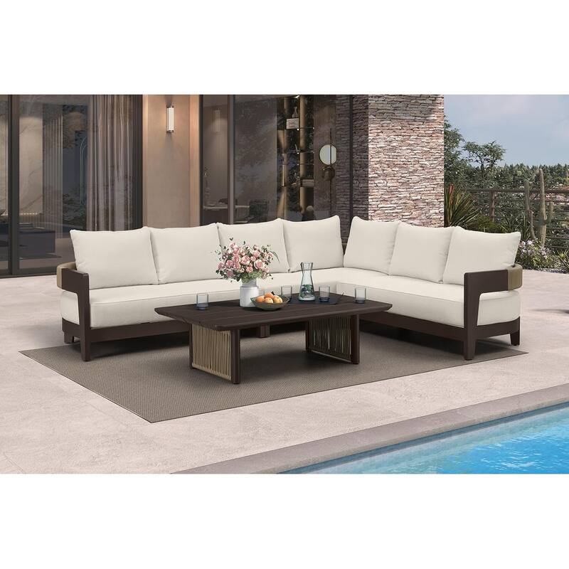 PURPLE LEAF Modern Aluminum Sectional Sofa with 7.87" Cushions for Yard Porch Deck Outdoor Conversation Sets - 5-Seat w/ Table - L-Shaped-Right