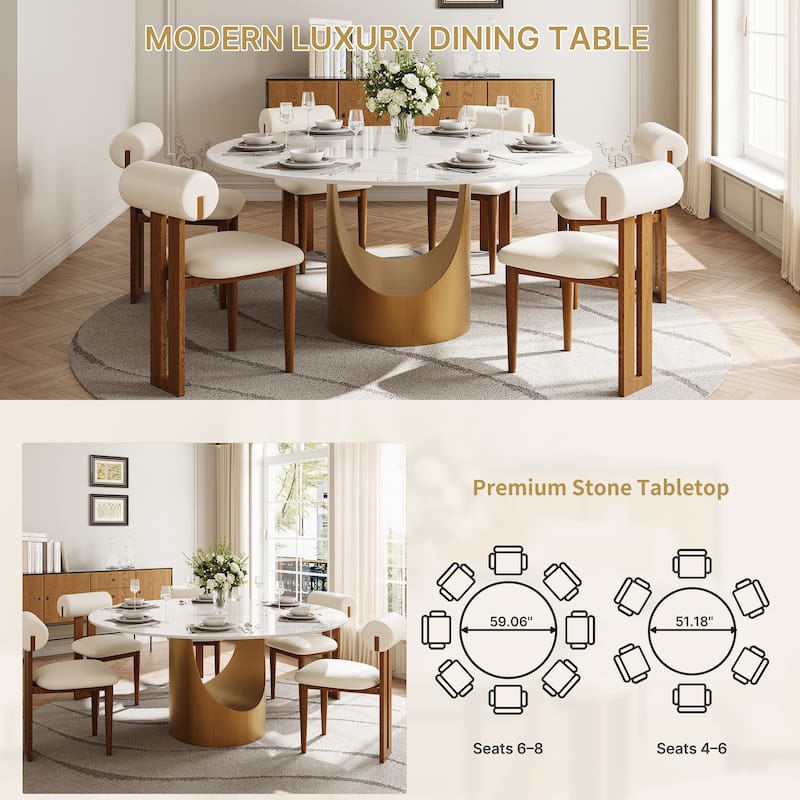 51 &59" Modern Round Dining Table for Diningroom，White Glossy Stone Tabletop,Bronze Carbon Pedestal
