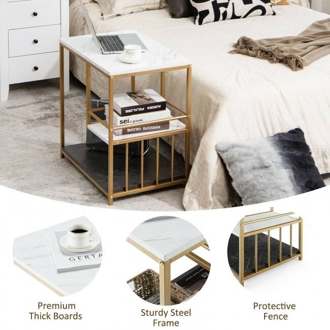 3-Tier Sofa Side Table with Golden Polished Steel Frame and Open Storage Shelf - 23.5" x 15.5" x 24" (L x W x H)