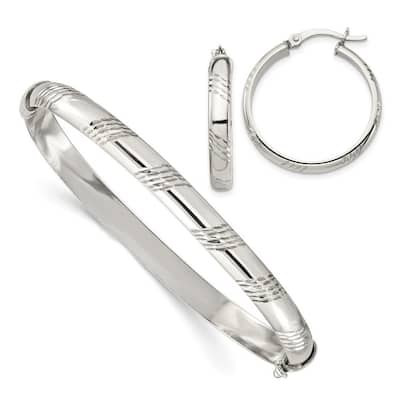 Curata 925 Sterling Silver Diamond-cut 6mm Bangle Bracelet and 4mm Hoop Earrings Set