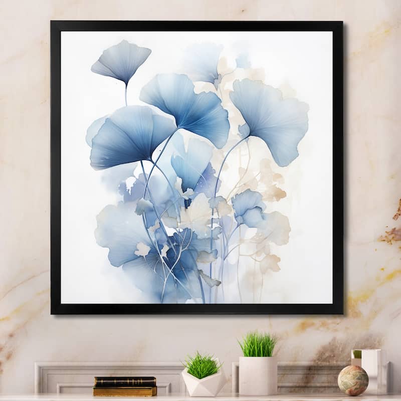 Designart "Delicate Blue Ginko Leaves On White Watercolor" Leaves Framed Wall Art Living Room - 36 in. wide x 36 in. high - Black