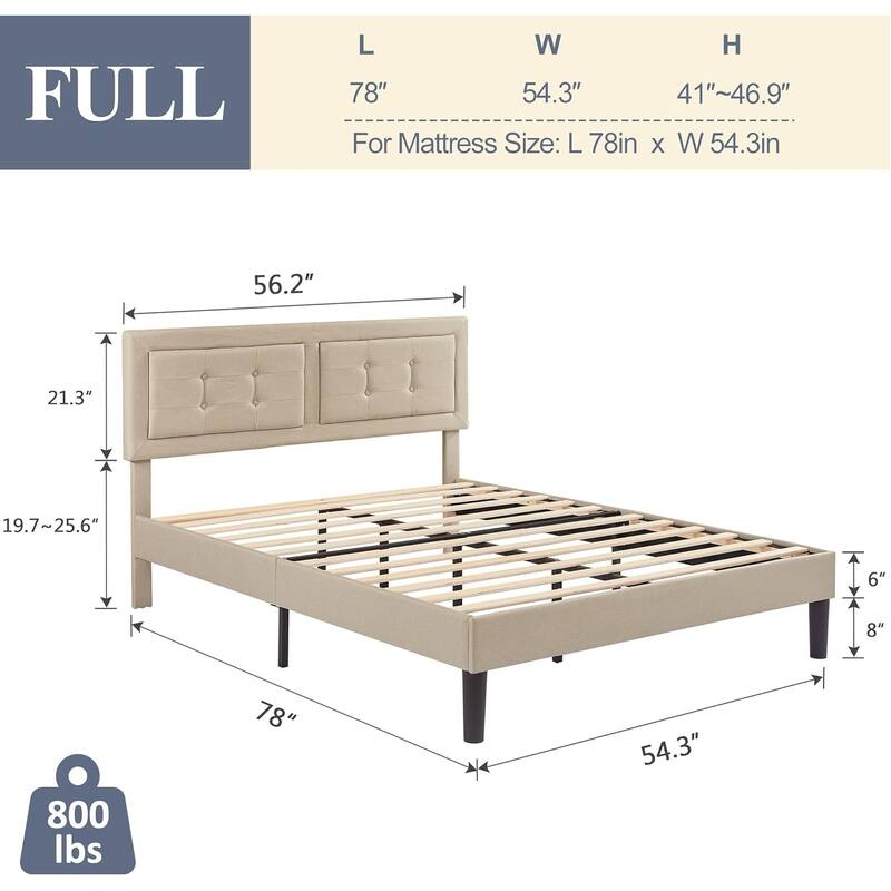 VECELO Bed Frame with Adjustable Headboard, Upholstered Button Tufted Platform Bedframe with Wood Slats Support