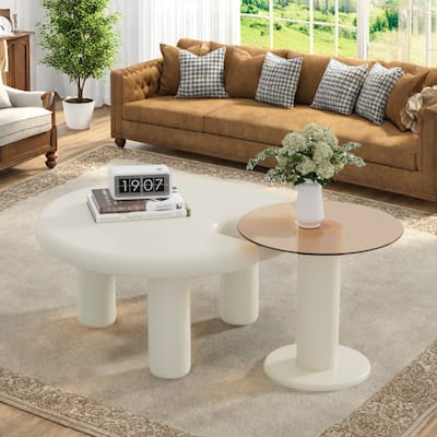 50.4" MDF 2-Piece Coffee Table with White Round Tops and Safety Rounded Edges