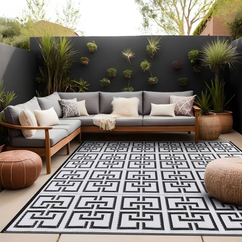 Beverly Rug Geometric Greek Key Outdoor Rug Waterproof for Patio, RV Camping