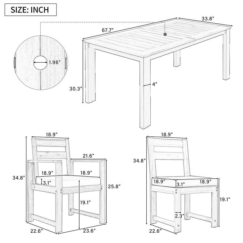 7 Piece Outdoor Patio Wood Dining Table Chairs Set w/ 2 Armchairs & 4 Side Chairs for Garden, Backyard or Poolside
