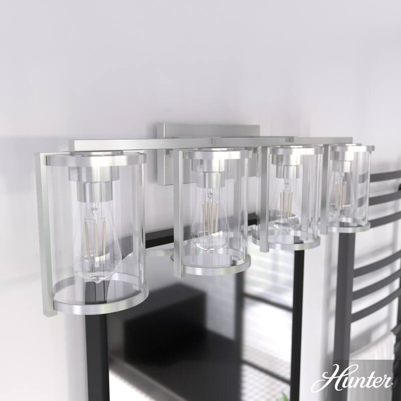 Hunter Astwood Bathroom Vanity Light, Clear Cylinder Glass, Damp Rated, Caged - Contemporary, Transitional, Art-Deco - 4-Light 33" - Brushed Nickel