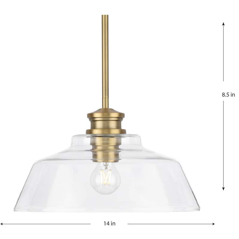 Singleton Collection 1-Light 14 in. Vintage Brass Medium Pendant Light with Clear Glass Shade