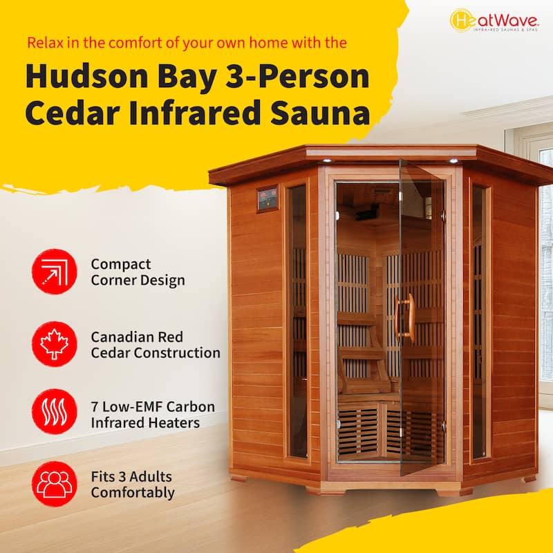 HeatWave Hudson Bay 3-Person Cedar Corner Infrared Sauna with 7 Carbon Heaters