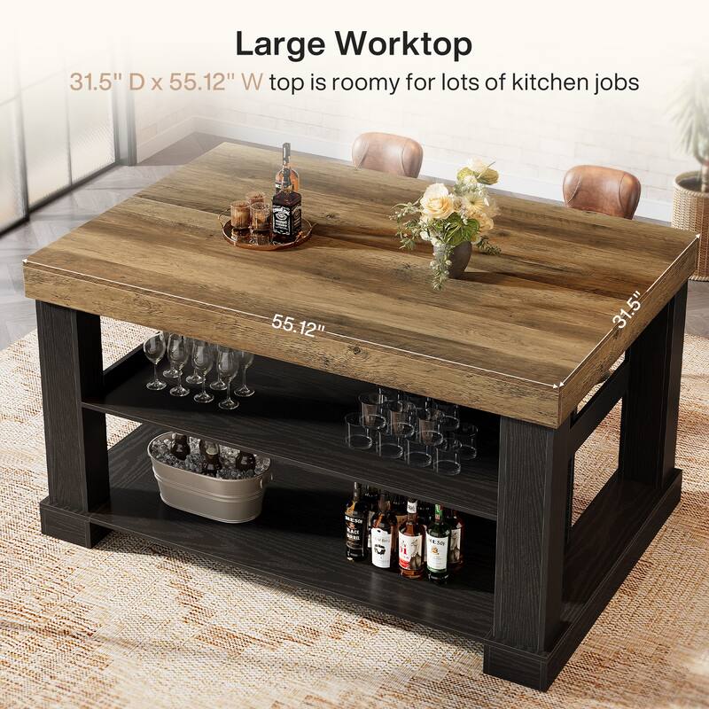 55-Inch Large Home Bar Unit, 3-Tier Pub Table with Storage Shelves - N/A