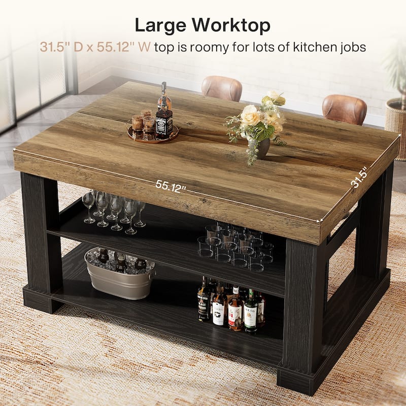 55-Inch Stationary Kitchen Island with Storage Shelves and Large Worktop, Farmhouse Style, Light Brown