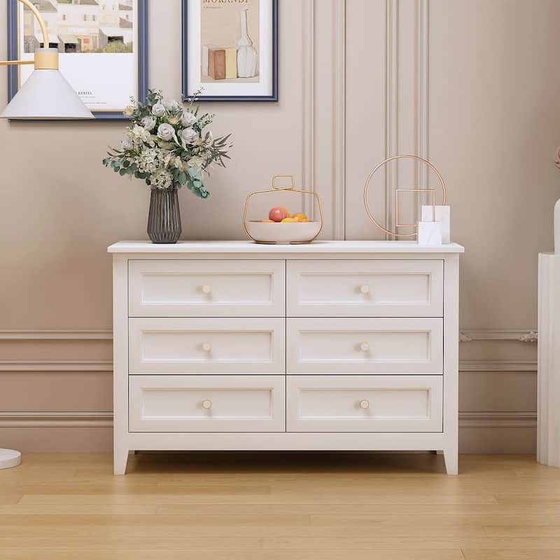 Modern Solid Wood Drawer Dresser with Retro Round Handles - Low-White - 6-drawer