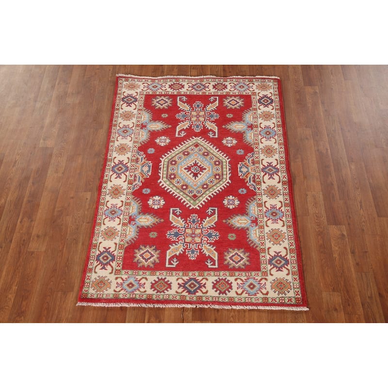 Red Kazak Oriental Accent Rug Hand-Knotted Wool Carpet - 3'4"x 4'10"
