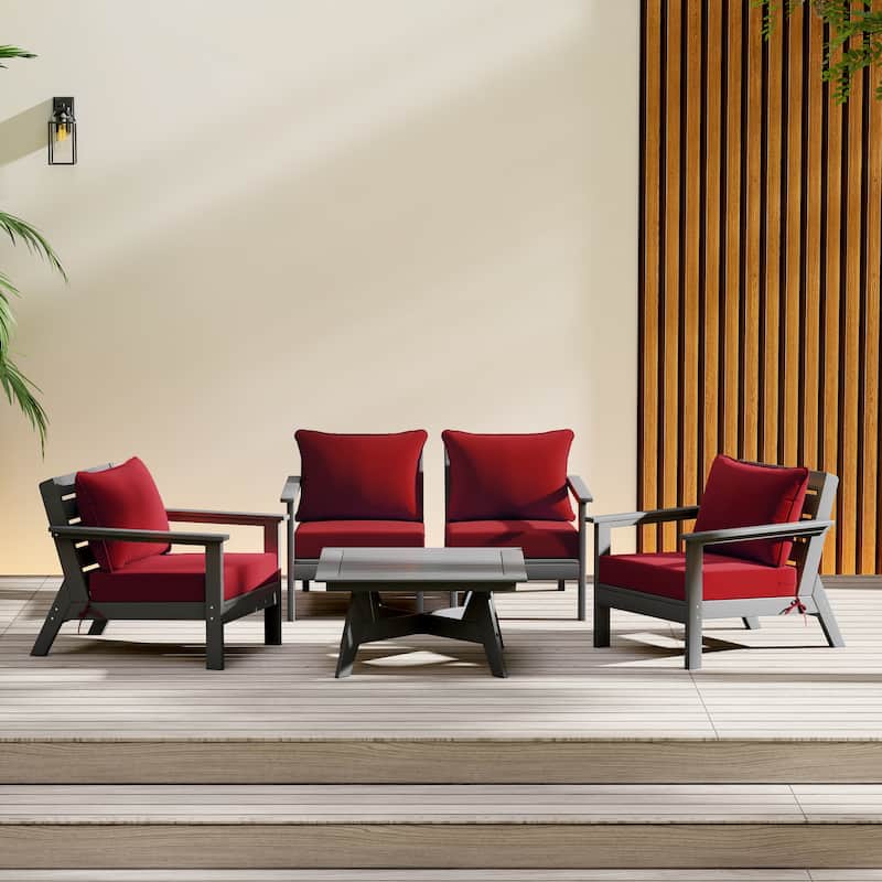 Birchwood All Weather HDPE Outdoor Patio Gray Deep Seating Conversation Set (5-Piece Set) - Gray/Red