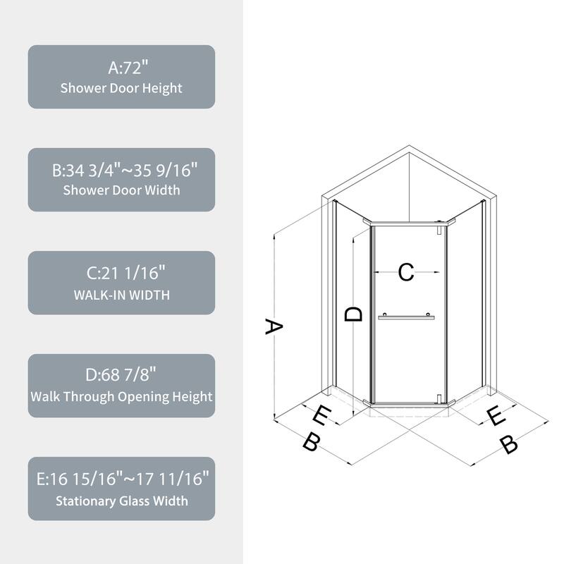 Pivot shower door, with 1/4" tempered glass