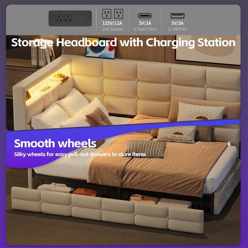 Twin Size Daybed with 2 Storage Drawers and LED Lights, Upholstered Sofa Bed Frame with Storage Headboard & Charging Station