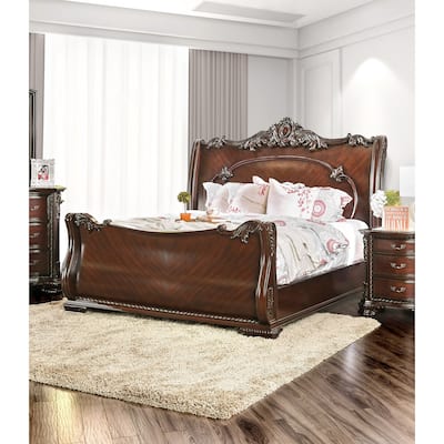 Furniture of America Cane Traditional Cherry Solid Wood Sleigh Bed