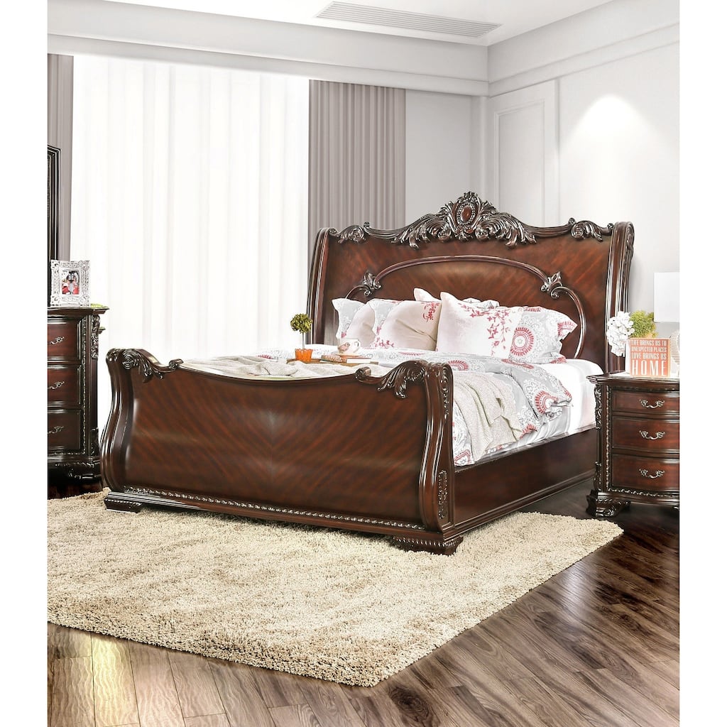 Furniture of America Cane Traditional Cherry Solid Wood Sleigh Bed